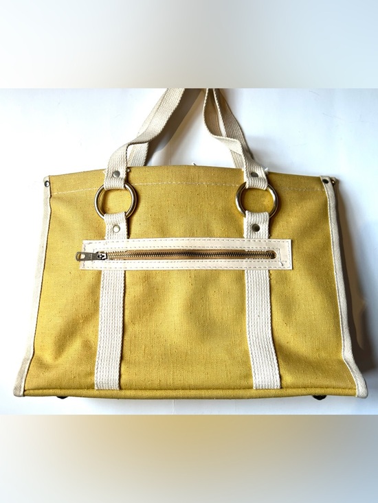 Handbags - Vintage 60s Canvas Tote Bag in Mustard Yellow with Cream Straps